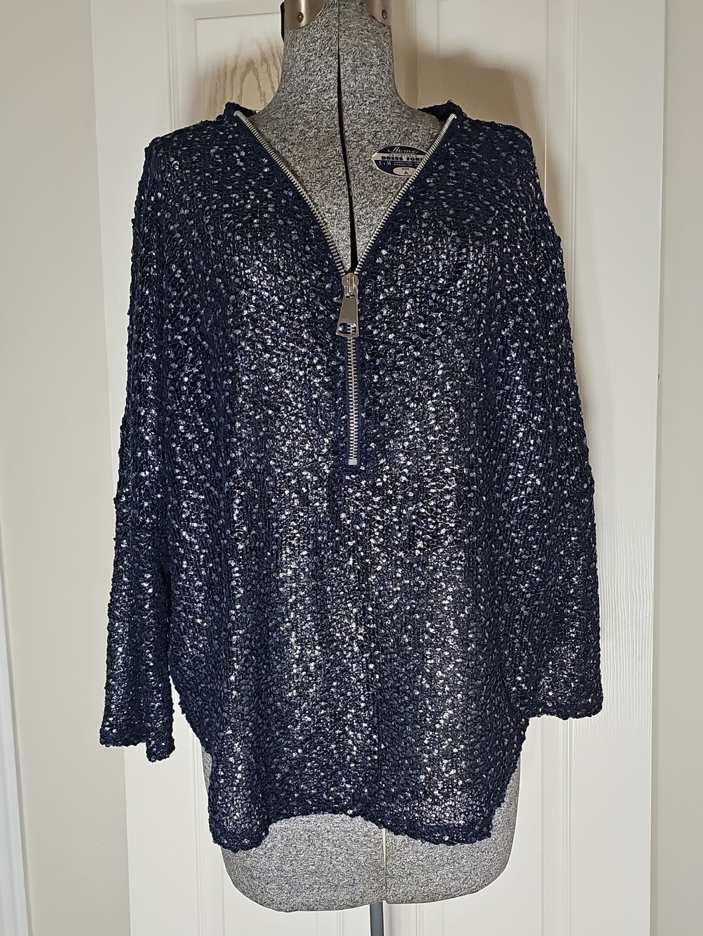Alfani Dark Blue Silver Quarter Zip Sparkle Long Sleeve Shirt Semi Sheer Size XL